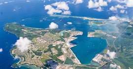 An aerial view of U.S. Naval Base Guam. Naval Base Guam supports the US Pacific Fleet.